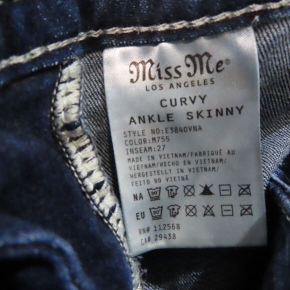 Miss Me Jeans 28 Blue Curvy Ankle Skinny Raw Hem Distressed Embellished Pockets - Picture 12 of 13
